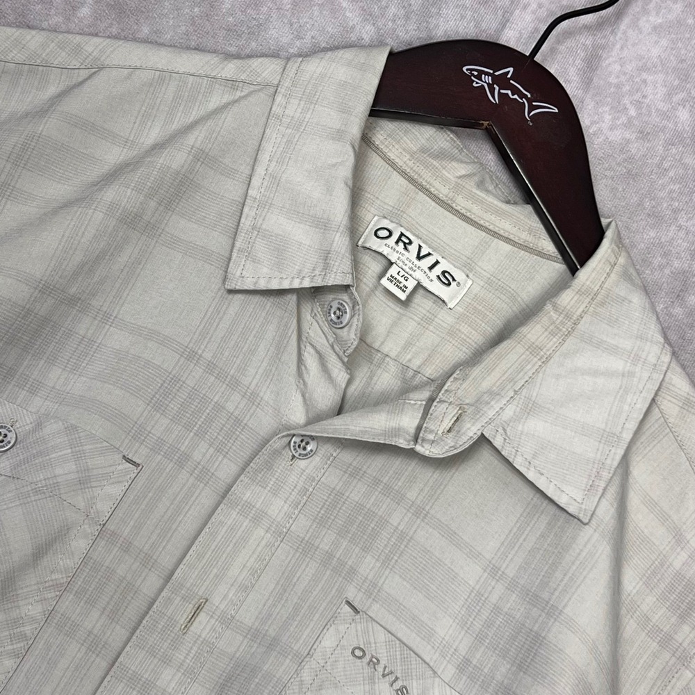 Orvis Button Down‎ Shirt Mens L Tan Plaid Excellent Short Sleeve Classic Fishing